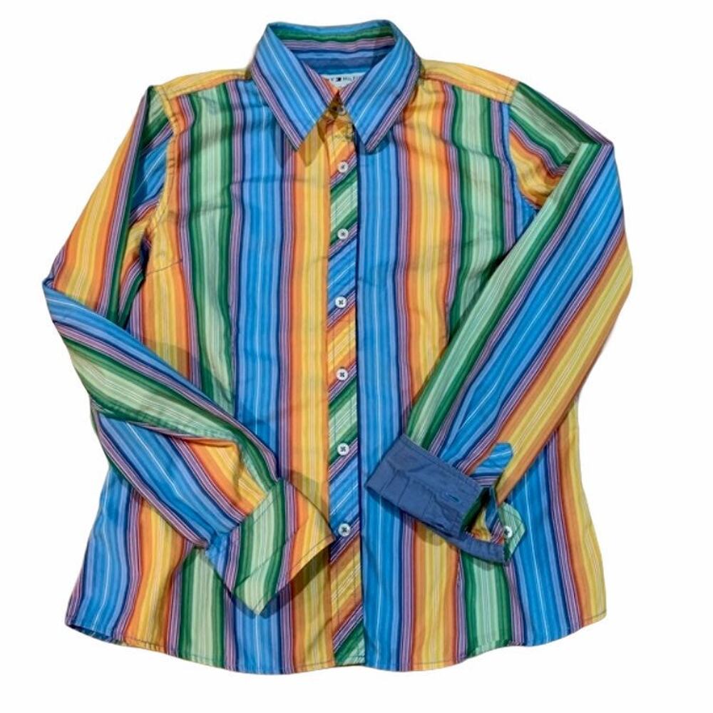Tommy Hilfiger Shirt Size S or M Rainbow Stripe Cotton Button Collar Y2k 2004